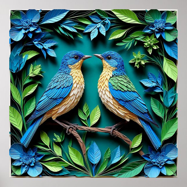 Zwei Blaue und Gelbe Vögel Poster (Vorne)