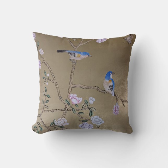 Zwei blaue Vögel & Peony Oriental Botanical Kissen (Vorderseite)