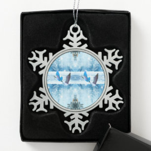 Zwei blaue Weihnachtsgans-Ornamente Schneeflocken Zinn-Ornament