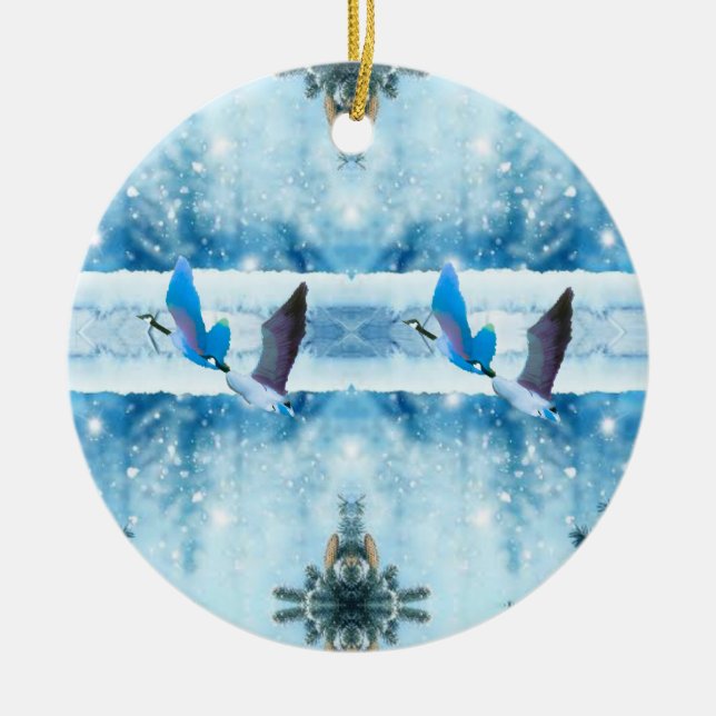 Zwei blaue Weihnachtsgänse Keramik Ornament (Vorne)