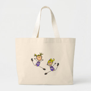 Zwei blonde Mädchen-Turn-T-Shirts und Geschenke Jumbo Stoffbeutel