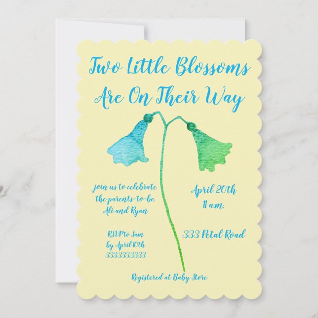 Zwei Blüten Blue Blume Twins Baby Dusche Einladung (Vorderseite)