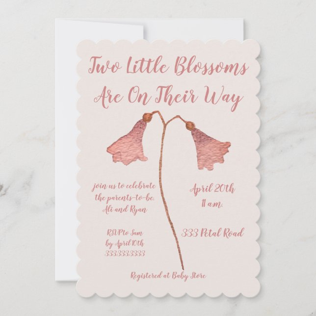Zwei Blüten Rosa Blume Twins Kinderdusche Einladung (Vorderseite)