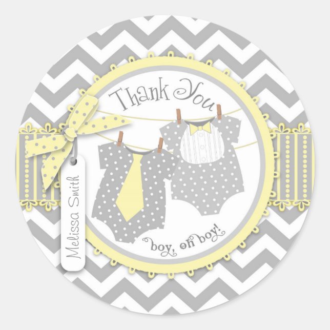Zwei Boys Bow Krawatte Zickzack Print Danke Label Runder Aufkleber (Vorderseite)