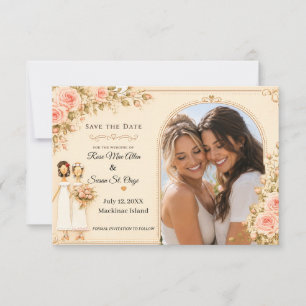 Zwei Bräute erröten Rosen Florale Lesbische Hochze Save The Date