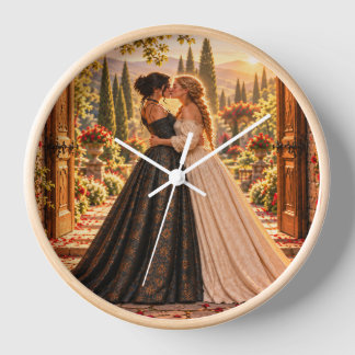 Zwei Bräute küssen sich im Garten rund Uhr