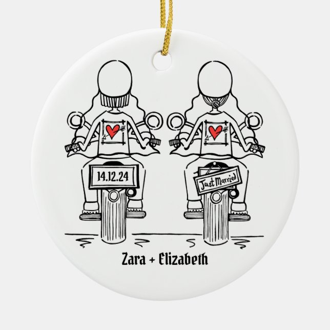 Zwei Brides Biker Motorrad Hochzeit Keramik Ornament (Vorne)