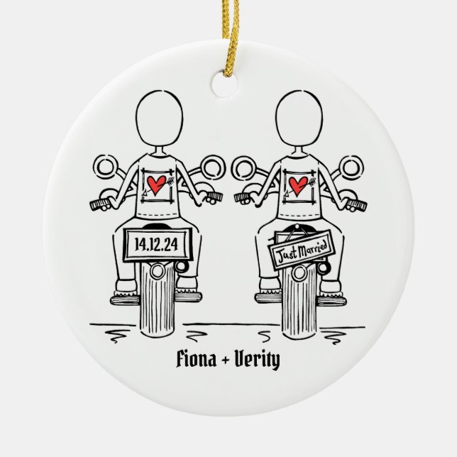 Zwei Brides Biker Motorrad Hochzeit Keramik Ornament (Vorne)