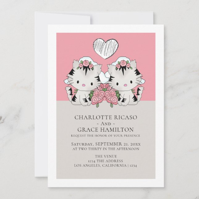 Zwei Brides Cat Themed Gay Wedding Ankündigung (Vorderseite)