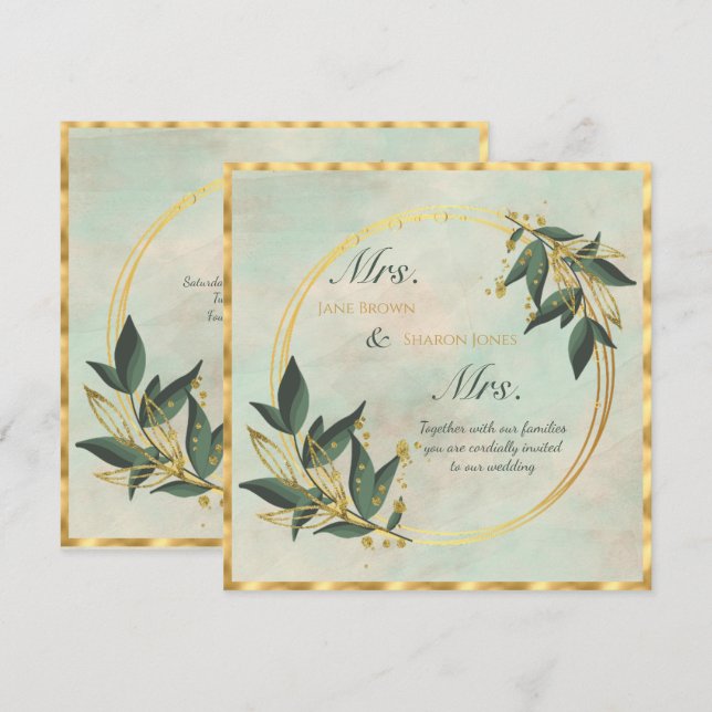 Zwei Brides Lesbian Watercolor Greenerity Wedding  Einladung (Vorne/Hinten)