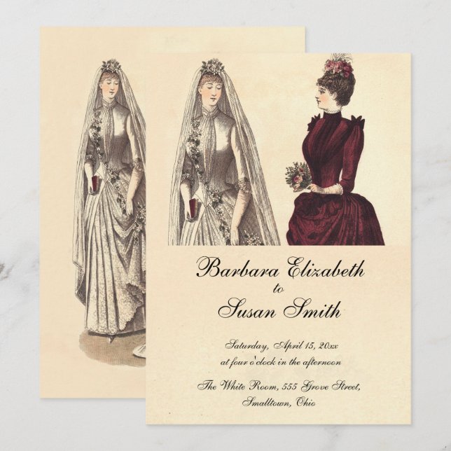 Zwei Brides Wedding Vintag Einladung (Vorne/Hinten)