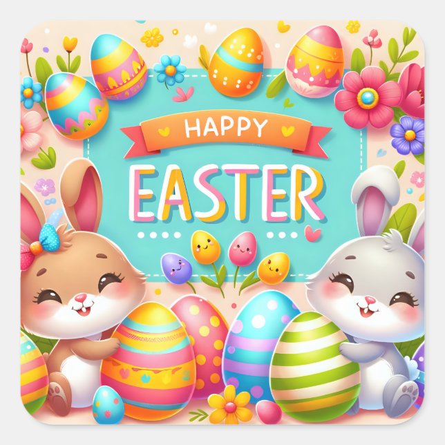 Zwei Bunnies feiern Ostern Quadratischer Aufkleber (Vorderseite)