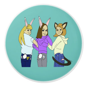 Zwei bunnies und ein Kätzchen Keramikknauf