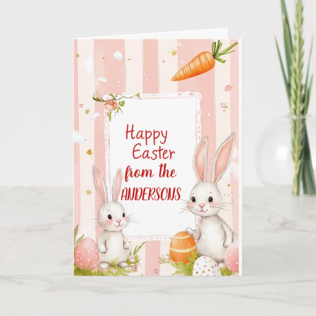 Zwei Bunnies und Karotten rosa Feiertagskarte (Vorderseite)