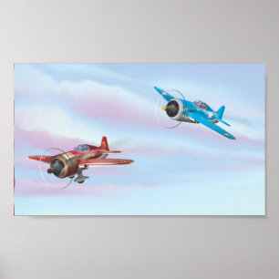 Zwei Cartoon-Propellerflugzeuge fliegen Poster