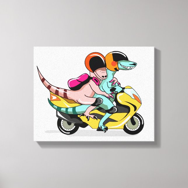 Zwei Cartoon-Raptoren fahren mit einem Motorroller Leinwanddruck (Vorderseite)