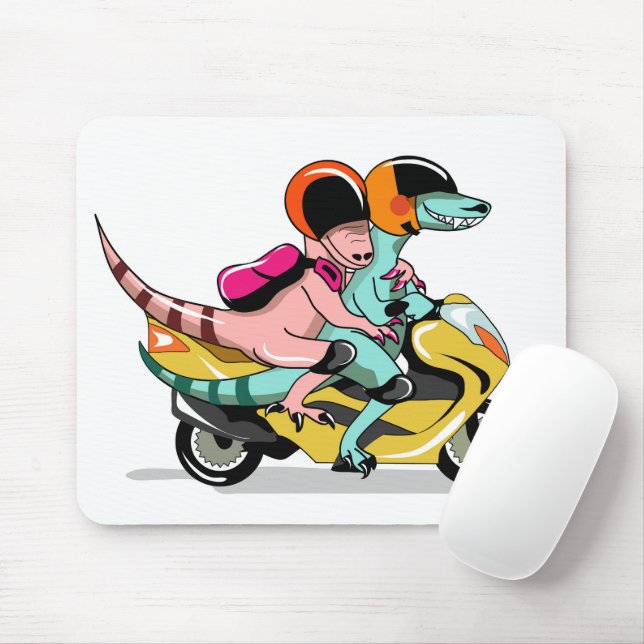 Zwei Cartoon-Raptoren fahren mit einem Motorroller Mousepad (Mit Mouse)