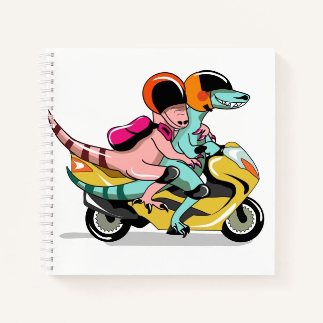 Zwei Cartoon-Raptoren fahren mit einem Motorroller Notizbuch (Vorderseite)