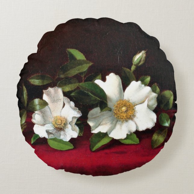Zwei Cherokee-Rose auf Red Velvet Rundes Kissen (Vorderseite)
