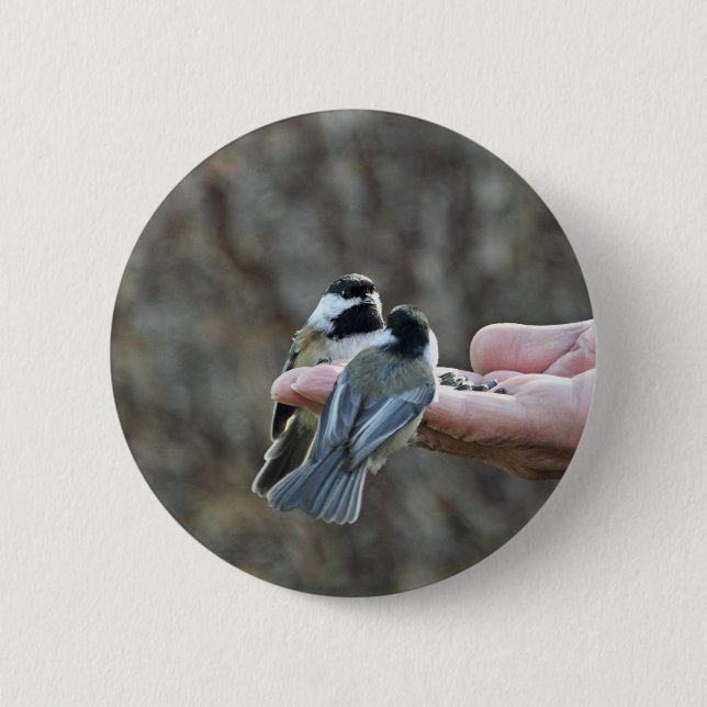 Zwei Chickadees auf einer Hand Button (Vorderseite)