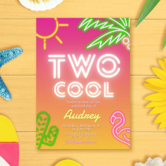 Zwei Coole tropische Rosa Neon Pool Party Einladung