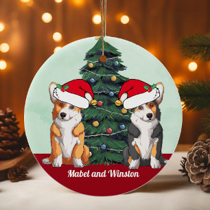 Zwei Corgi Tricolor Red White Weihnachtsmannmütze  Keramik Ornament