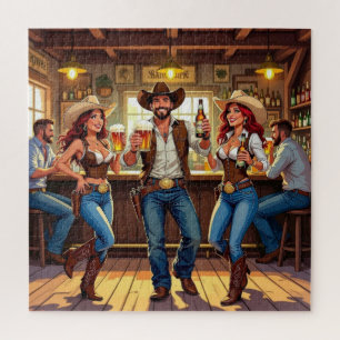 Zwei Cowgirls und ein Cowboy beim Line Dance in ei