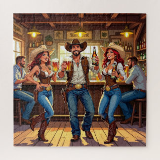 Zwei Cowgirls und ein Cowboy beim Line Dance in ei