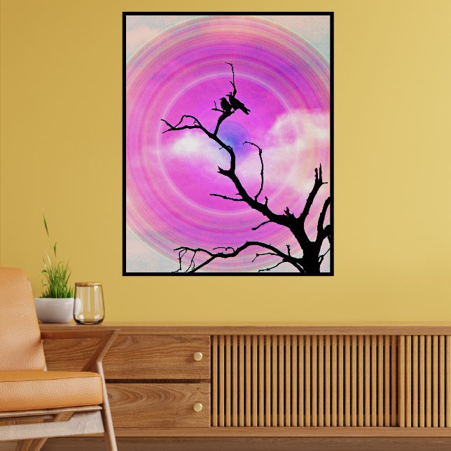 Zwei Crows Silhouette BW Fotografie mit Lila Sonne Poster (Wohnzimmer 2)