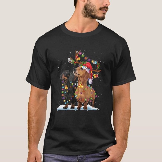 Zwei Dackeln Rentier Weihnachtslicht Hunde Xmas S T-Shirt (Vorderseite)
