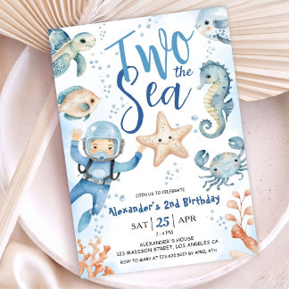 Zwei Das Meer! 2. Geburtstag Junge Niedlich Blue O Einladung