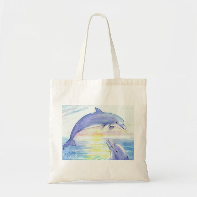 Zwei Delphin-Aquarell-Sonnenuntergang-Tasche Tragetasche (Vorne)