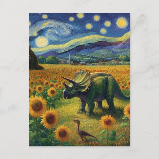 Zwei Dinos in Van Gogh Starry Night Sonnenblumen Postkarte (Vorderseite)