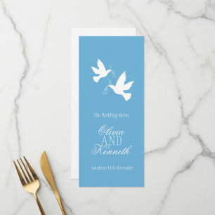 Zwei duves blaues und weißes Hochzeitsmenü Menükarte