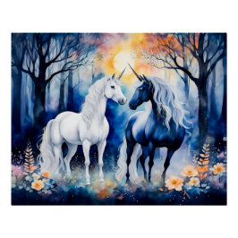 Zwei Einhörner Stehend unter Starry Sky Poster