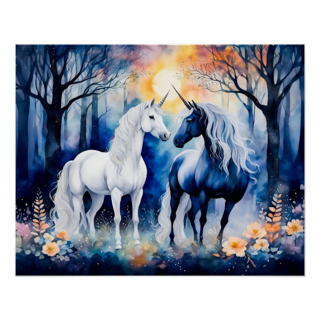 Zwei Einhörner Stehend unter Starry Sky Poster (Vorderseite)