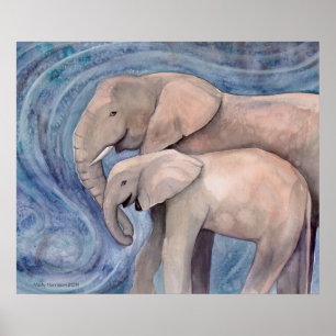 Zwei Elefanten Wildlife Watercolor Malerei Poster