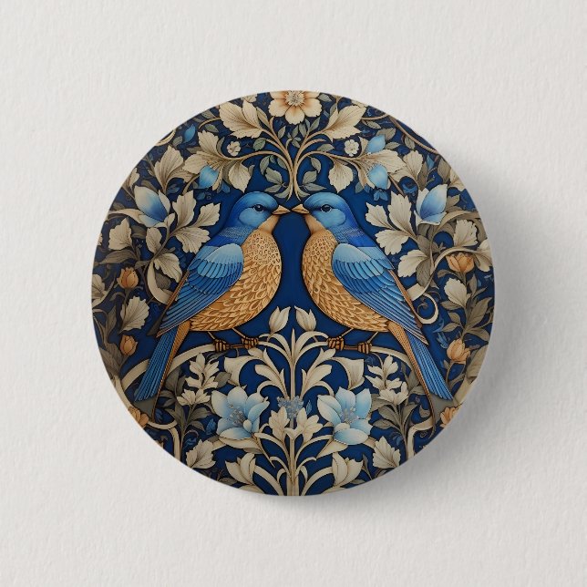 Zwei elegante Blue Birds William Morris Inspiriert Button (Vorderseite)