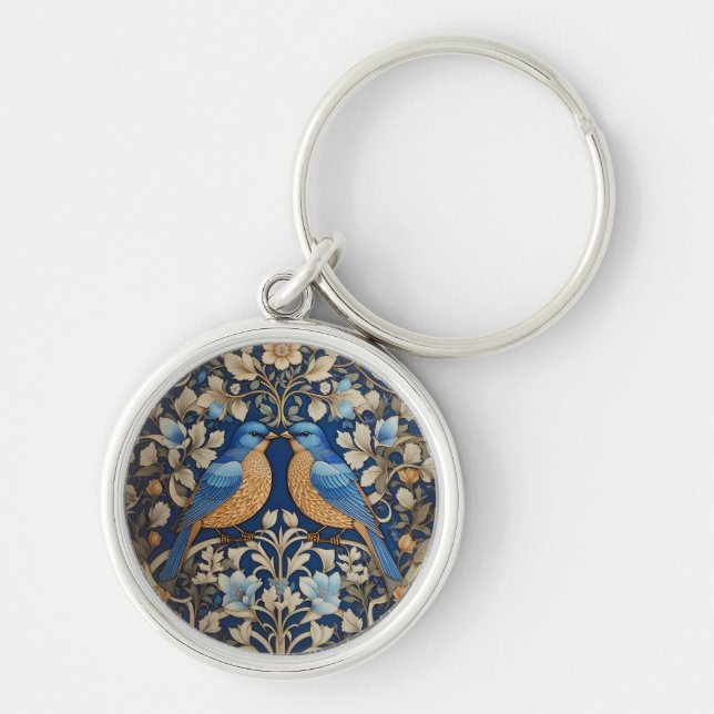 Zwei elegante Blue Birds William Morris Inspiriert Schlüsselanhänger (Vorne)