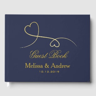 Zwei elegante Goldherzen Blue Wedding Gästebuch