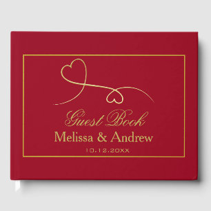 Zwei elegante Goldherzen Carmine Red Wedding Gästebuch