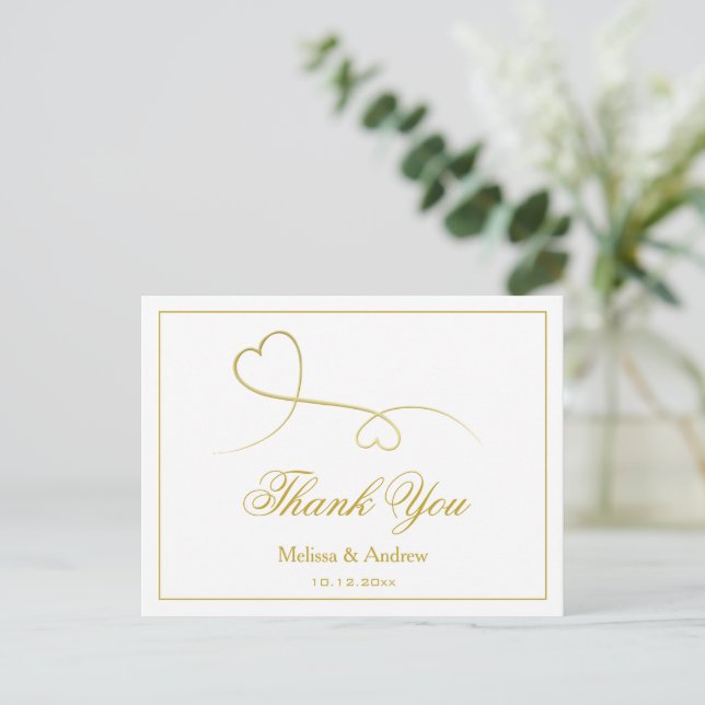 Zwei elegante Goldherzen | Hochzeit Danke Postkarte (Stehend Vorderseite)