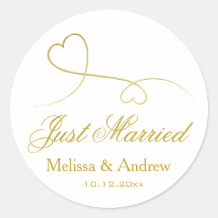 Zwei elegante Goldherzen Hochzeit 'Just Married' Runder Aufkleber