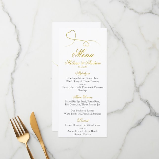 Zwei elegante Goldherzen | Hochzeitsmenü Menükarte (Vorderseite/Rückseite Beispiel)