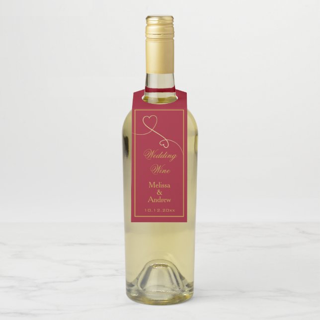 Zwei elegante Goldherzen | Rote Hochzeit " Flaschenanhänger (Auf Flasche)