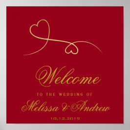Zwei elegante Goldherzen | Rote Hochzeit Willkomme Poster