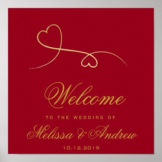 Zwei elegante Goldherzen | Rote Hochzeit Willkomme Poster (Vorne)