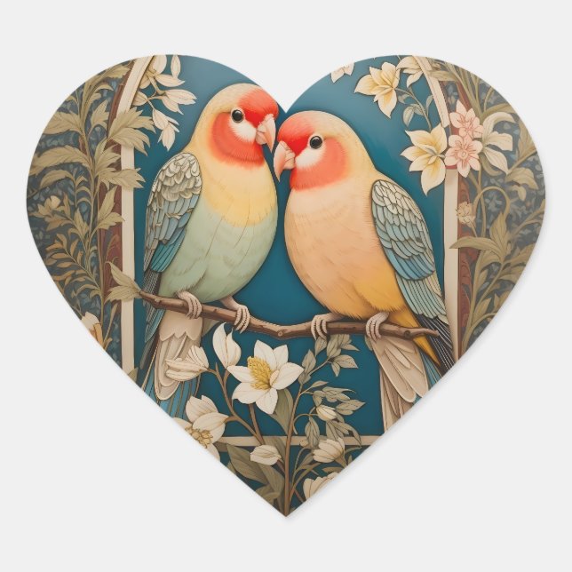 Zwei elegante Lovebirds Vintag Herz-Aufkleber (Vorderseite)