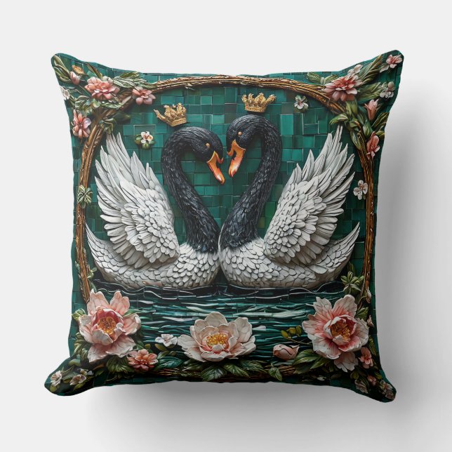 Zwei elegante Schwäne mit Kronen Kissen (Vorderseite)