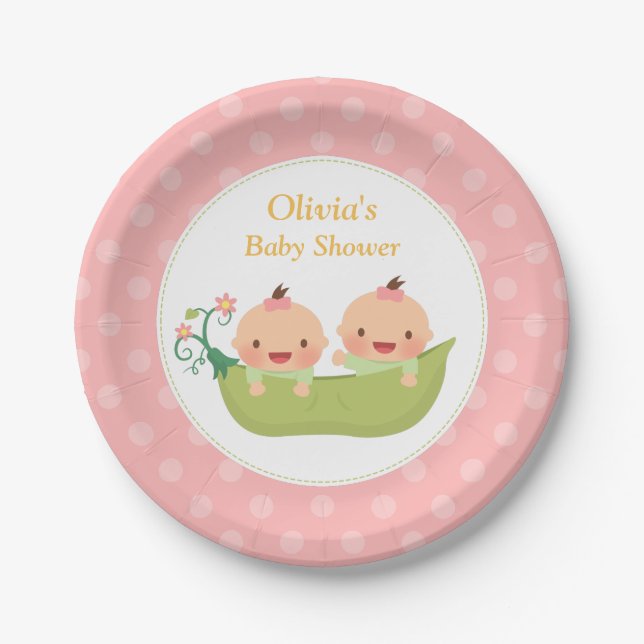 Zwei Erbsen in einem Pod Twin Girls Babydusche Pin Pappteller (Vorderseite)